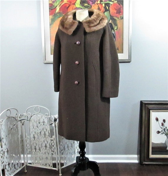 Vintage Brown Wool Boucle Fur Collar Coat