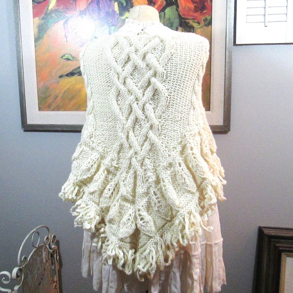 Handmade Cream Wool Celtic Knot/Cable Knit Triangle Shawl Leaf Design Border,Looped Fringe