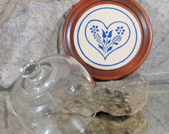 Wood and Glass Cheese Server with Heart Design Enamel Plate