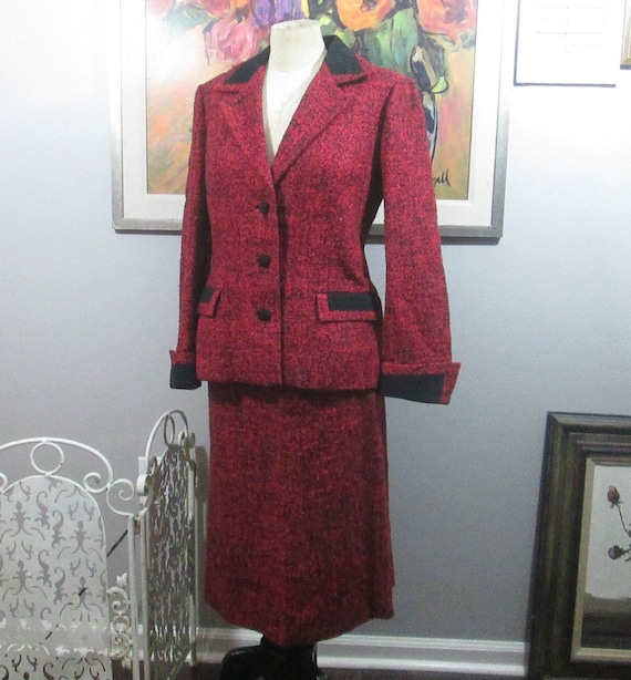 Vintage 1960's Red & Black Silk Wool Tweed Suit - image 1