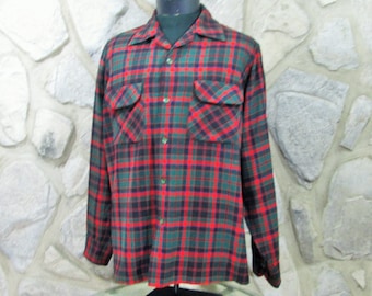 Camicia da uomo vintage Pendleton Board a quadri rossi e verdi del 1960