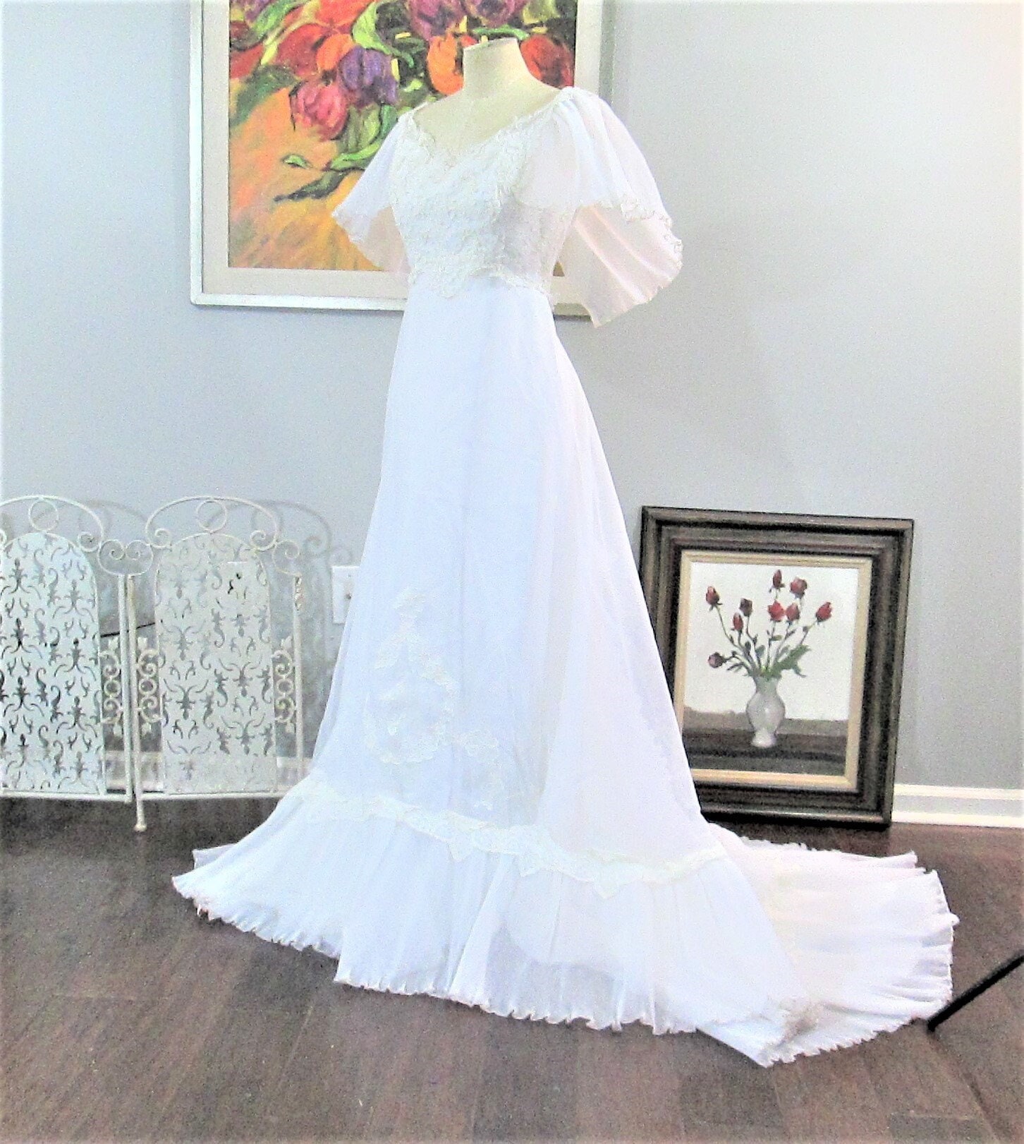 70s style crepe and chiffon wedding dress with elegent blouson