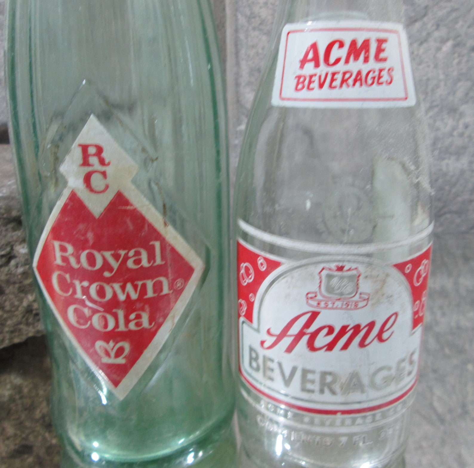 Vintage 1960's Soda Bottles Royal Crown Cola and Acme Etsy