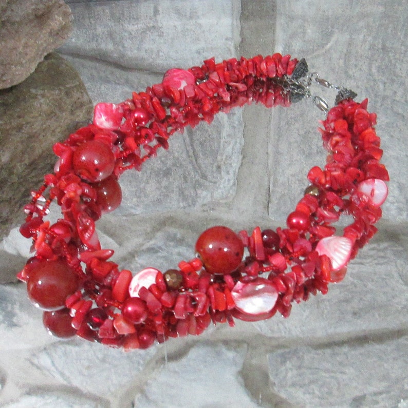 Triple Strand Red Coral and Silver pewter Beads with Custom Clasp