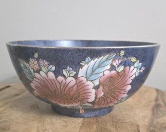 Vintage Chinese Blue & Rose Floral Punch Bowl