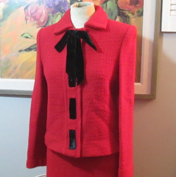 Vintage Red Castleberry Knit Suit with Black Velv… - image 2