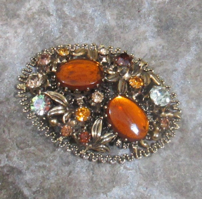 Broche Vintage Pierre Verre Bleu Strass Perles Métal Doré, Occasion, Sans Marque