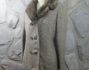 Vintage braune Woll-Tweed-Jacke mit Kunstpelzkragen