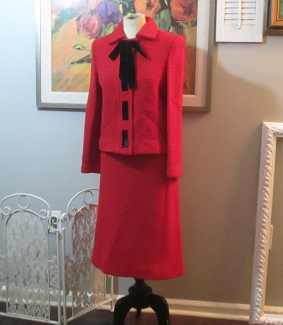 Vintage Red Castleberry Knit Suit with Black Velve