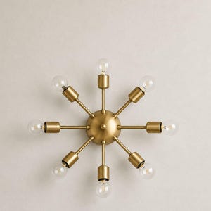 Mid Century Brass Wall Sconce, Sputnik Sunburst Array Lamp, Vintage Patina 8 Light Satellite, Industrial Bedside Bedroom Hardware Fixture