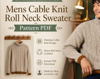 Mens Cable Knit Roll Neck Sweater Pattern PDF