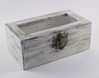 Rustic Ring Bearer Box Glass Lid White Distressed Double Ring Box Personalized Small Jewelry Box First Haircut