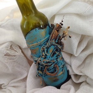 Jarrón reciclado Botella de vino Turquesa Azul Bronce Pirata Carta del tesoro en una botella Aparece la pregunta Propuesta de matrimonio