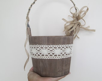 Flower Girl Basket Rustic Wedding Bucket Lace Burlap Custom Color Flower Basket