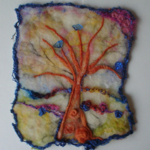 Felted Wool Picture Family Tree Treasury Item Fall Painting Autumn Fiber Art Wall Hanging