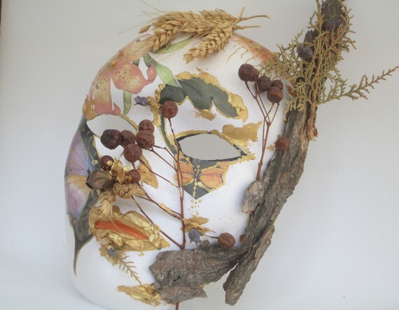 Fantasy Woodland Full Face Masquerade Mask Butterfly Autumn Berries Mixed Media Collectible Wall Art