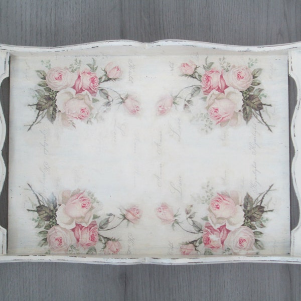 Wooden Tray Shabby Chic Home Decor Rose Wedding Gift Hostess Housewife Mother Gift