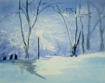 Watercolor Original Winter Landscape Monochrome Painting Christmas Original Art Greeting Card Fine Art Print