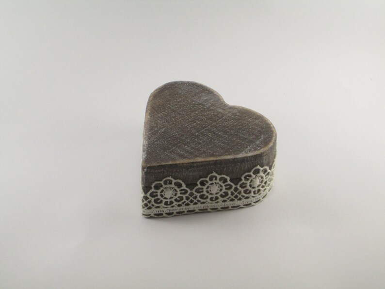 Rustic Ring Bearer Box Small Wooden Heart Shaped Box Country Wedding Miss Vintage Wedding Aged Distressed Weathered Burlap and Lace Box
