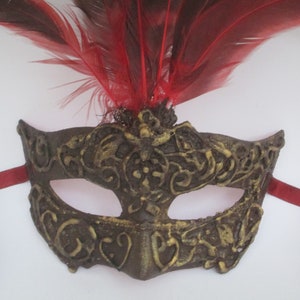 Feather Masquerade Mask Antique Gold & Red Royal Wedding Bacelorette Party Statement Carnival Mask