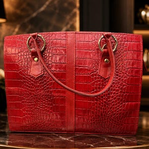 Peut inclure: Un sac à main rouge rectangulaire avec une texture en peau de crocodile. Le sac est doté de poignées en anneau dorées et d'une sangle verticale au centre. Le sac est posé sur une surface réfléchissante.