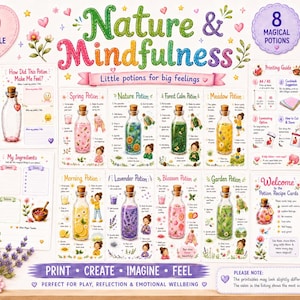 Op de afbeelding: Een kleurrijke poster getiteld "Nature & Mindfulness" met illustraties van drankflessen en receptkaarten. De poster bevat de tekst "Print, Create, Imagine, Feel" en is ontworpen voor kinderen vanaf 3 jaar.