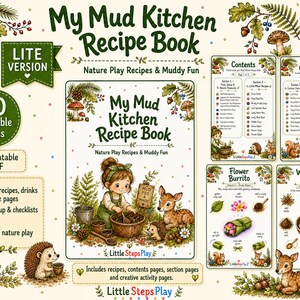 Op de afbeelding: Een printbaar PDF-receptenboek getiteld My Mud Kitchen Recipe Book: Nature Play Recipes & Muddy Fun. De set bevat 60 pagina's met natuuractiviteiten, inhoudsopgaven en geïllustreerde receptenkaarten met bosdieren en planten.