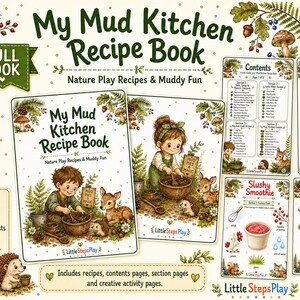 Utskrivbar receptbok för Mud Kitchen, recept för naturlek, sensoriska lekaktiviteter utomhus, trädgårdslek för förskola i PDF-format