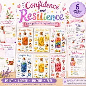 Op de afbeelding: Een kleurrijke print met de woorden "Confidence and Resilience" en illustraties van drankflessen. Bevat 19 afdrukbare pagina's en 6 magische drankjes, perfect voor kinderen vanaf 3 jaar.