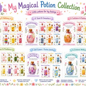 Puede incluir: Una colorida ilustración de "My Magical Potion Collection" con 35 pociones para niños. La imagen incluye seis colecciones, cada una con botellas y etiquetas únicas. El texto incluye "Alegría y Bienestar", "Conexión Social" y "Confianza y Resiliencia".