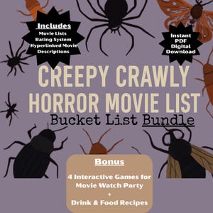 Creepy Crawly Horror Movie Bucket List Bundle, Tracker, Games, Recipes (PDF Digital Download)