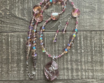 Pink Dragonfly Beaded Necklace Set w/ Earrings