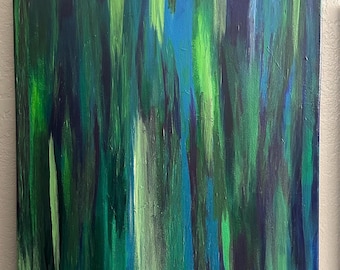 Abstraktes Acrylgemälde: Tiefgrüne und blaue vertikale Striche