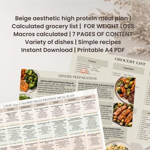 Op de afbeelding: Een beige, afdrukbaar A4 PDF-maaltijdplan met een berekende boodschappenlijst voor gewichtsverlies. Het plan bevat 7 pagina's inhoud, eenvoudige recepten en berekende macro's. De tekst bevat "7-DAY 1650 CALORIE HIGH PROTEIN MEAL PLAN" en "Instant Download".