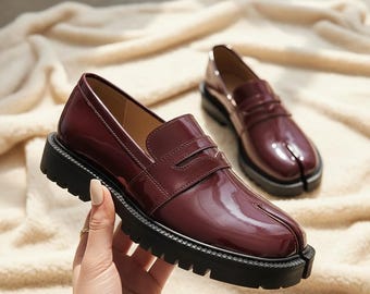 Mocasines Tabi de cuero grueso, zapatos de plataforma con puntera dividida, zapatos planos Tabi japoneses, mocasines de suela resistente, zapatos Oxford unisex / Tabi con puntera dividida