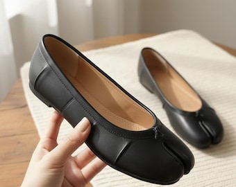 Black Leather Tabi Flats, Split Toe Ballerina Shoes, Japanese Mary Janes, Vintage Minimalist Slip Ons, Coquette Bow Ballet Flats