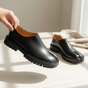 May include: Black leather split-toe shoes with a thick, lugged sole. The shoes have a low-cut design and a contrasting tan interior. One shoe is being held up by a hand, showcasing the design.