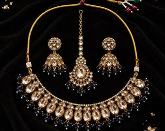 Gold Kundan and Black Crystal Necklace Set with Jhumka Earrings and Maang Tikka - Champagne Stone Indian Bridal Jewelry