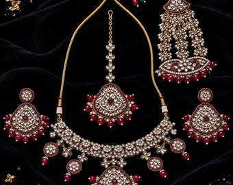 Red Kundan CZ 4 Piece Bridal Set - Necklace Chandelier Earrings Maang Tikka Passa - Gold Tone Indian Wedding Jewelry