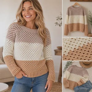 May include: A long-sleeve crochet sweater featuring a horizontal color-blocked design in shades of light brown, cream, and tan. The garment has a round neckline, ribbed cuffs, and a ribbed hem, constructed with an open-work stitch pattern.