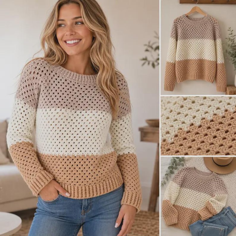 May include: A long-sleeve crochet sweater featuring a horizontal color-blocked design in shades of light brown, cream, and tan. The garment has a round neckline, ribbed cuffs, and a ribbed hem, constructed with an open-work stitch pattern.