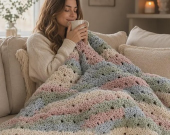 May include: A handmade crochet blanket featuring a repeating pattern of soft pastel stripes in shades of cream, dusty pink, sage green, and light blue. The textile has a textured, open-stitch design with a thick, cozy yarn construction throughout.