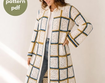 May include: A long-sleeved crochet cardigan featuring a grid pattern of off-white square motifs separated by dark blue and mustard yellow borders. The garment has an open front, a collar, and a knee-length hem. Text in the image reads pattern pdf.
