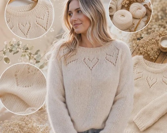 May include: A cream-colored long-sleeve sweater featuring a round neckline and a delicate openwork heart pattern across the yoke. The knit garment has a soft texture, long sleeves, and a ribbed collar, cuffs, and hem, showcasing a consistent design.