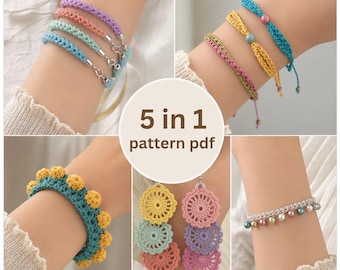 May include: A collection of handmade crochet jewelry, including bracelets and earrings. The bracelets feature various colors and designs, such as braided patterns and beaded accents. The earrings showcase a layered, circular design in pastel hues. The image also includes the text "5 in 1 pattern pdf."