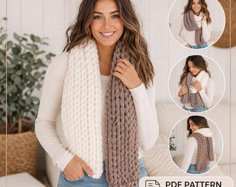 May include: A woman models two chunky knit scarves, one cream and one taupe. The scarves are thick and textured, with a large stitch pattern. The image includes a PDF pattern graphic with the text "PDF PATTERN ENGLISH TERM".