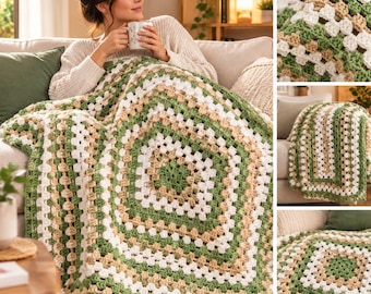 May include: A handmade crochet blanket featuring a square granny pattern in alternating stripes of sage green, cream, and tan yarn. The textile displays a repeating geometric cluster stitch design throughout the entire square-shaped throw.