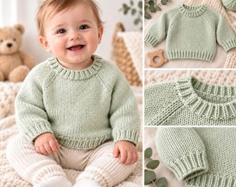 May include: A light sage green long-sleeve knit sweater featuring a ribbed crew neckline, ribbed cuffs, and a ribbed hem. The garment is constructed with raglan sleeves and a classic stockinette stitch pattern, providing a simple and functional design.