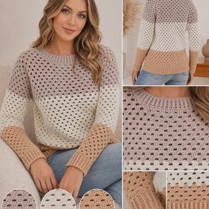 May include: A long-sleeve sweater featuring a color-blocked design with horizontal stripes in mauve, cream, and tan. The garment is crafted with a textured, open-knit crochet pattern, a round neckline, and ribbed cuffs and hem.