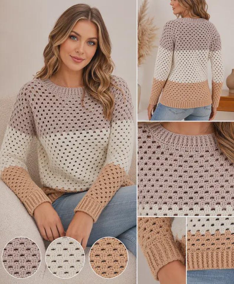 May include: A long-sleeve sweater featuring a color-blocked design with horizontal stripes in mauve, cream, and tan. The garment is crafted with a textured, open-knit crochet pattern, a round neckline, and ribbed cuffs and hem.